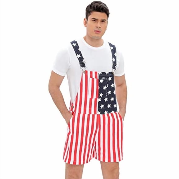WIDEPAMY MENS WOMENS AMERICAN FLAG OVERALLS DENIM BIB SHORTS - MEN M WOMEN M