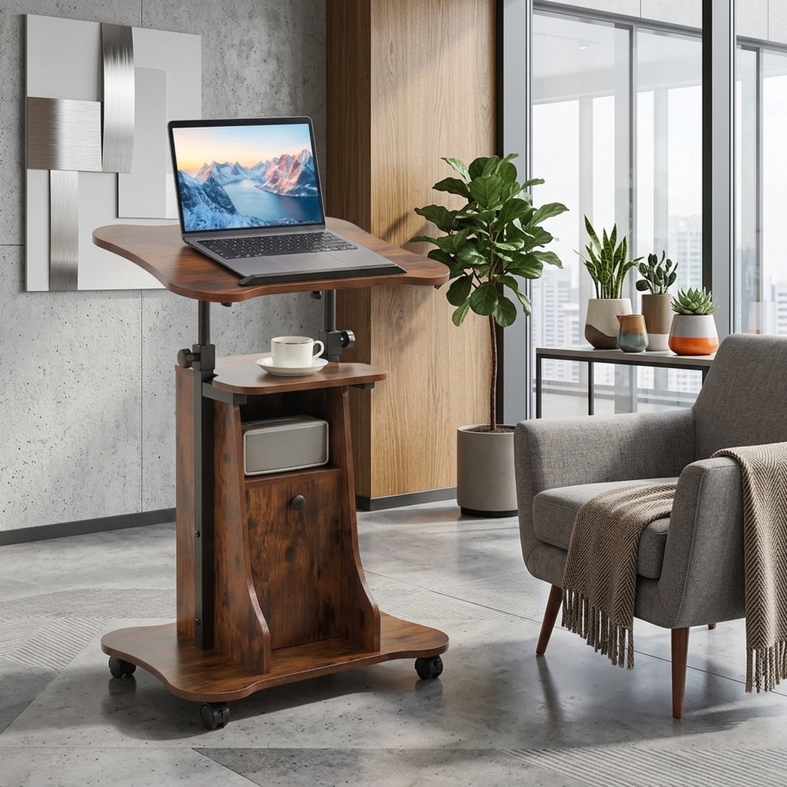 Furnibear Adjustable Mobile Standing Desk Cart with Tilting Top Storage Cabinet and Lockable Wheels for Home Office and School, Rustic Brown