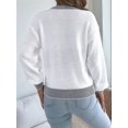 thumbnail image 5 of Women Casual Knit Crew Neck Contrast Striped Lantern Long Sleeve Loose Knit Pullover Sweater White M, 5 of 9