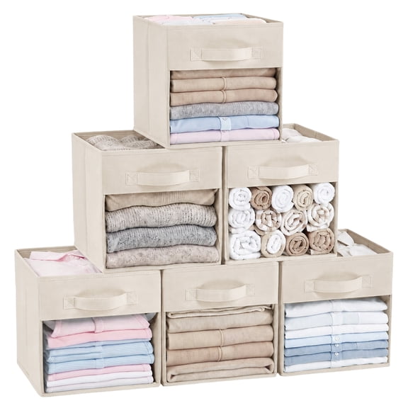 PinkSheep Cube Storage Bins with Clear Window, 11" Collapsible Storage Cube,Closet Storage Baskets with Handle, Foldable Fabric Bins,Beige,6 Pack