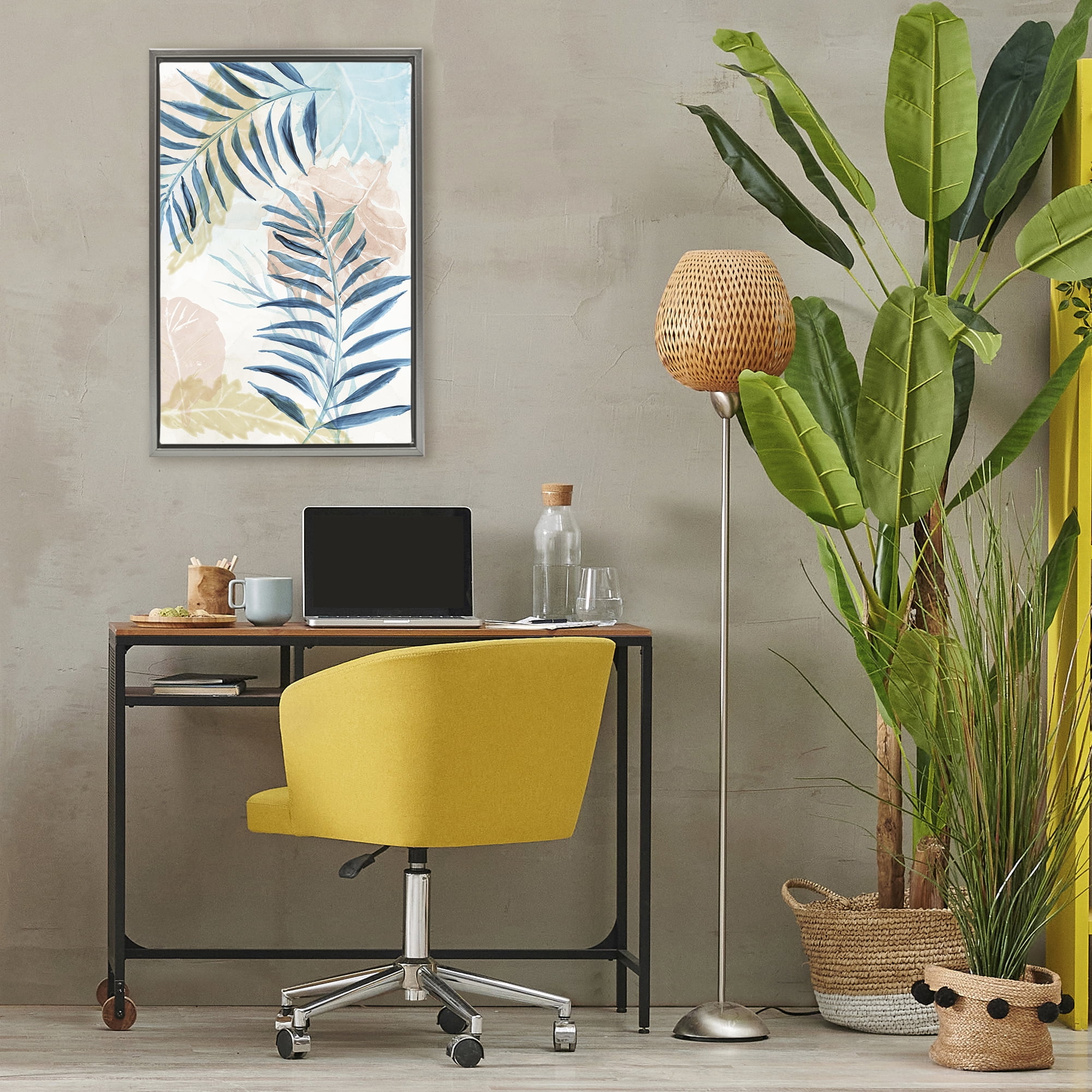 Stupell Industries Blue Palm Fronds in Pastel Haze Gray Framed Floater Canvas Wall Art, design by Nan