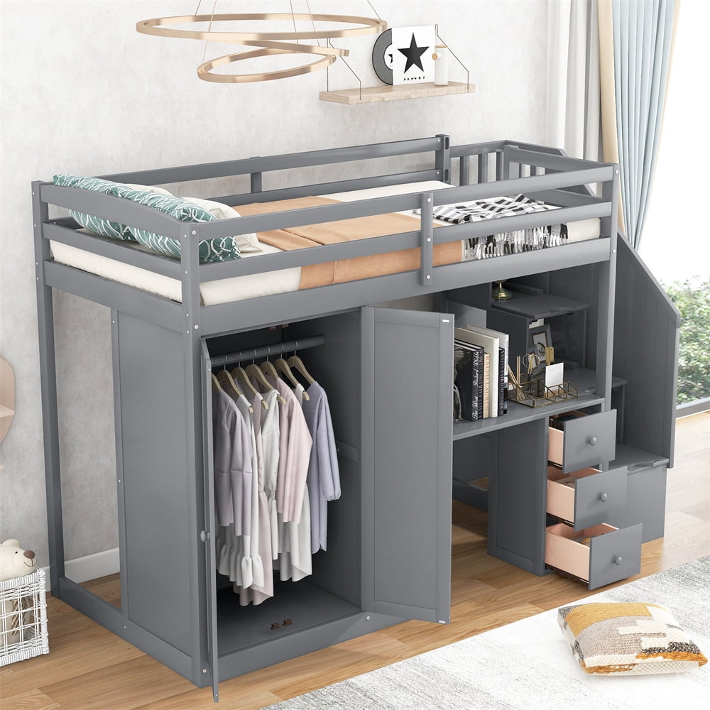 Twin Size Loft Bed with Wardrobe and Staircase Wood Loft Bed