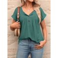 thumbnail image 4 of Women's Tops Dressy Casual Blouses Short Sleeve Shirts Clothing Summer Outfits Button Pleated Front Dark Green L, 4 of 10