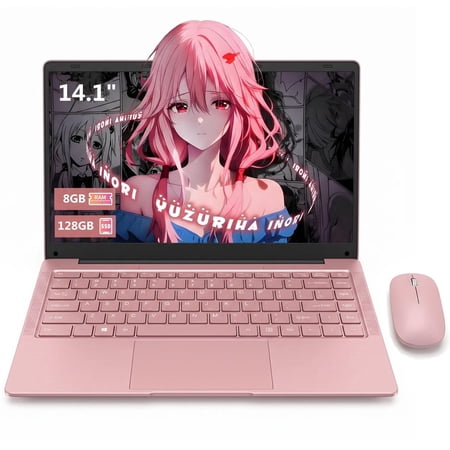 14.1" Pink Laptop with Rechargeable Silent Mouse, 2026 NEW Thin and Light Notebook PC Computer for Student, 8GB RAM 128GB SSD, Intel Celeron Processor, HD Display USB3.0 Webcam for Lady & Teen Girls