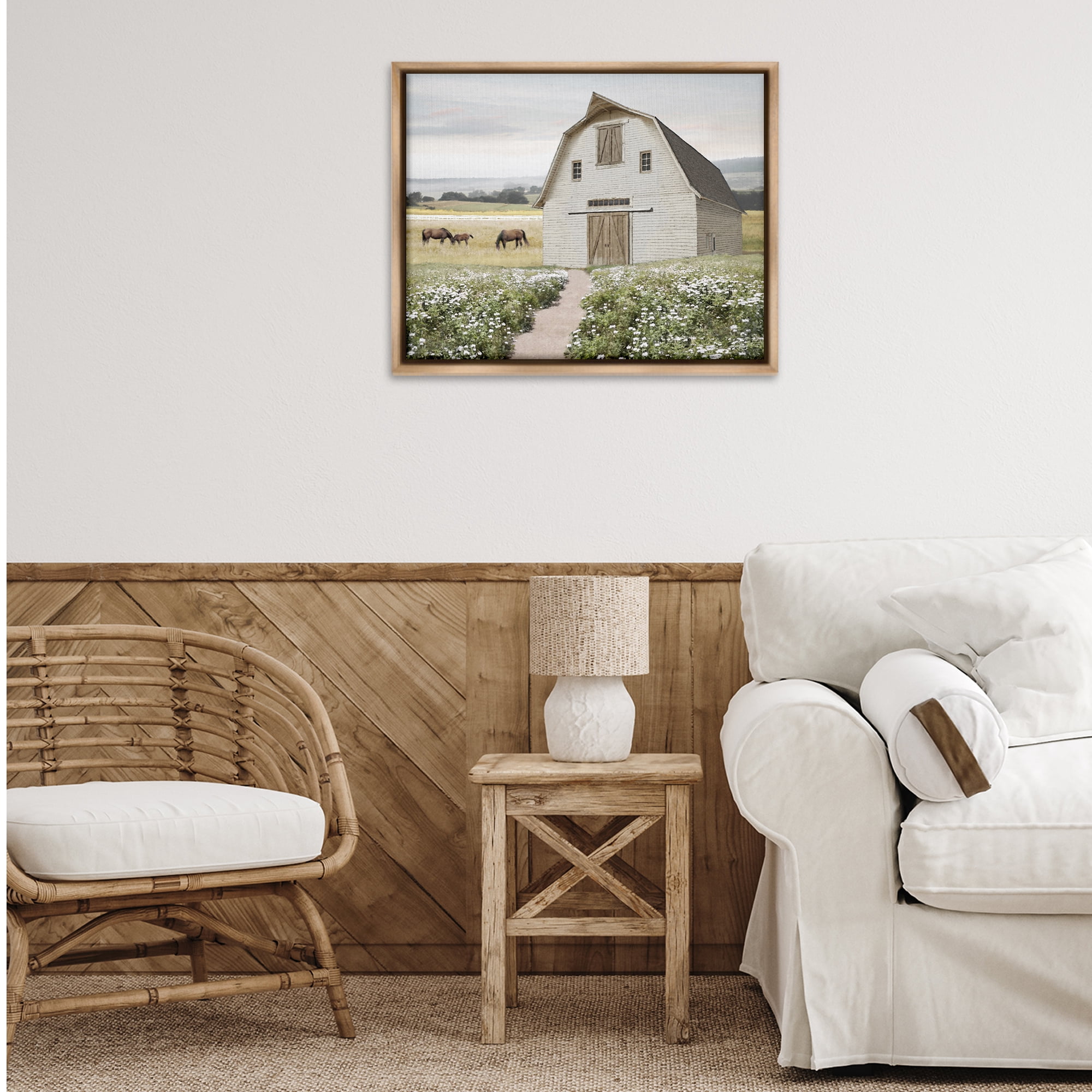 Stupell Industries Charming Path to Barn Landscape & Nature Painting Brown Floater Framed Canvas Art Print Wall Art, 31 x 25