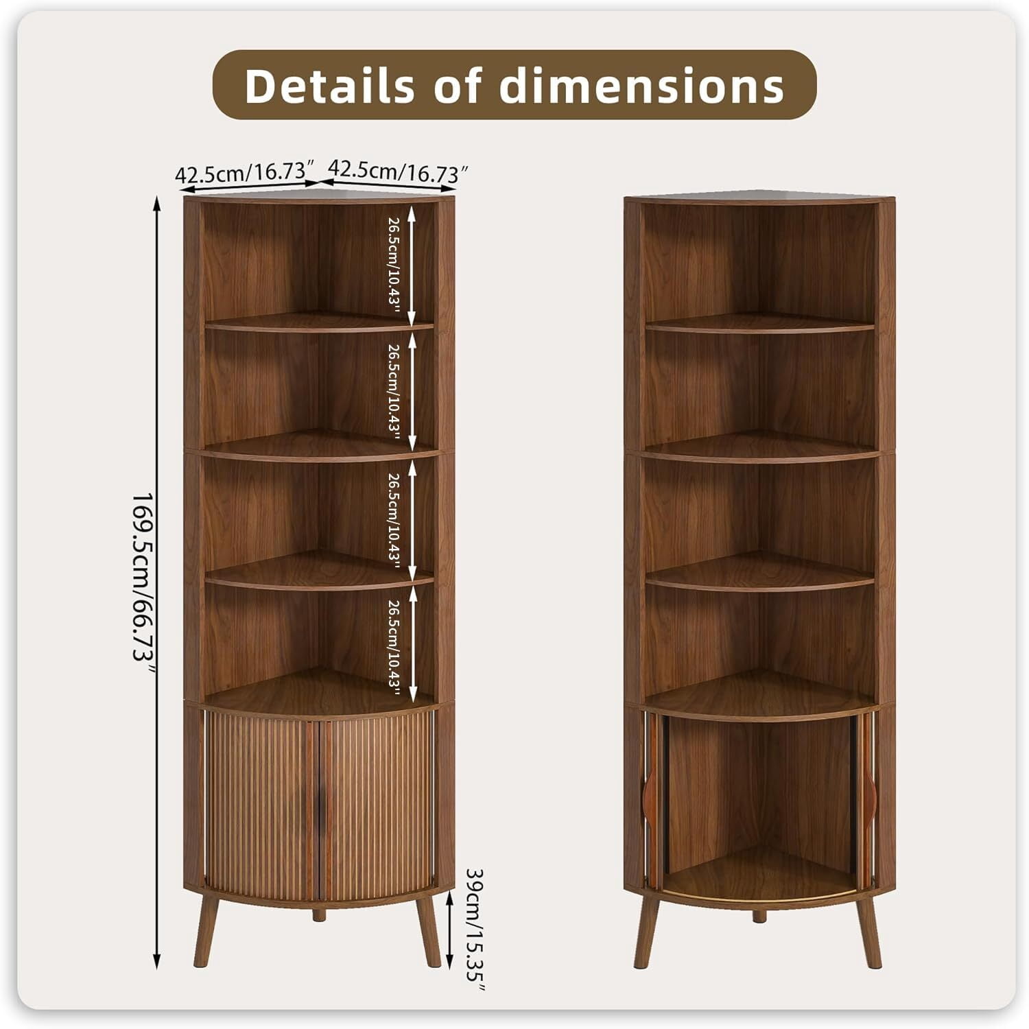Modern Corner Cabinet, 66.7" Tall Bathroom Storage Cabinet with 2 Fluted Doors & Shelves for Kitchen, Living Room, Walnut