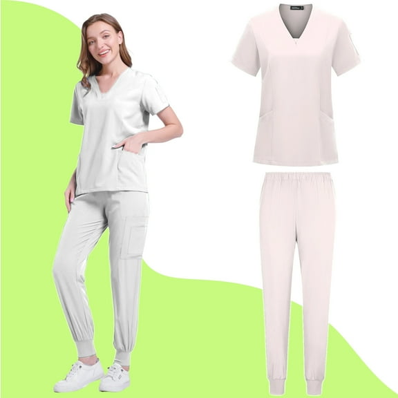 Fgvctg Women Scrubs Sets Plus Size Scrubs Petite V-Neck Scrub Tops and Pants Medical Scrubs Nurse Uniforms Clothing Set for Women White L