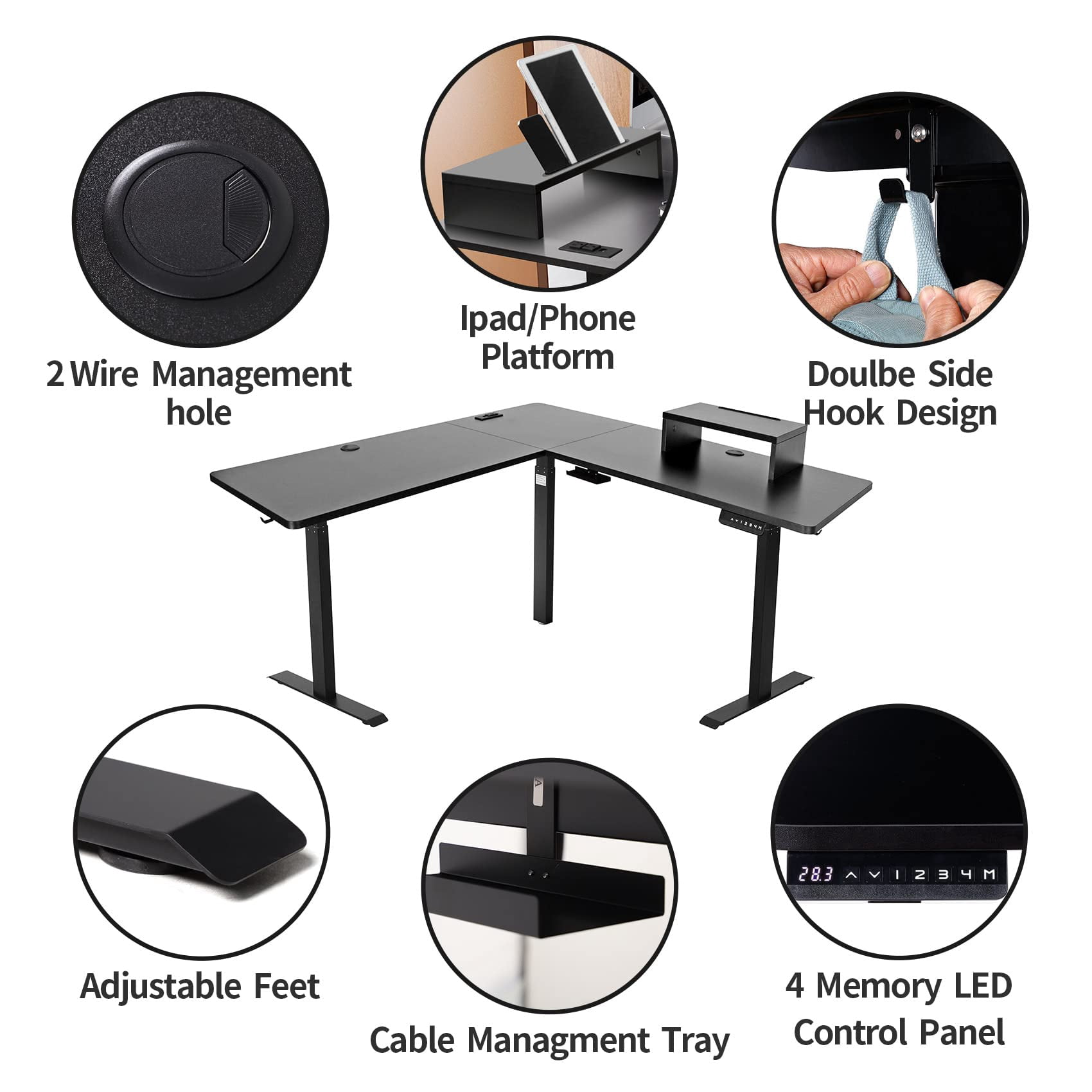 UNICOO® L-Shaped Triple Motor Electric Height Adjustable Standing Desk - Gaming & Home Office Corner Desk, with Easy Touch Control & Solid Steel Construction (Black Top/Black Frame - XOT-L3E-BB)