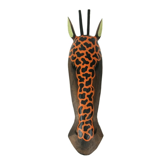 Exquisite Hand-Painted Orange and Brown African Style Giraffe Wood Mask - Carved Jungle Decor Wall Hanging Artisan Crafted in Indonesia - 19 Inches High