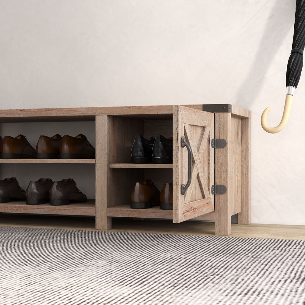 Kadyn Farmhouse Shoes Bench, Modern Entryway Storage Bench with Seat Cushion, 2 Tier Shoes Bench for Entryway, Light Brown Walnut Kadyn Farmhouse Shoes Bench, Modern Entryway Storage Bench with Seat Cushion, 2 Tier Shoes Bench for Entryway, Light Brown Walnut