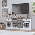 thumbnail image 3 of Farmhouse TV Stand for 75 Inch TVs - Sliding Barn Doors, 2 Drawers, Adjustable Shelves, Power Outlets, LED Lighting, Spacious Storage - Brown Top Panel + White Front Panel, 3 of 7
