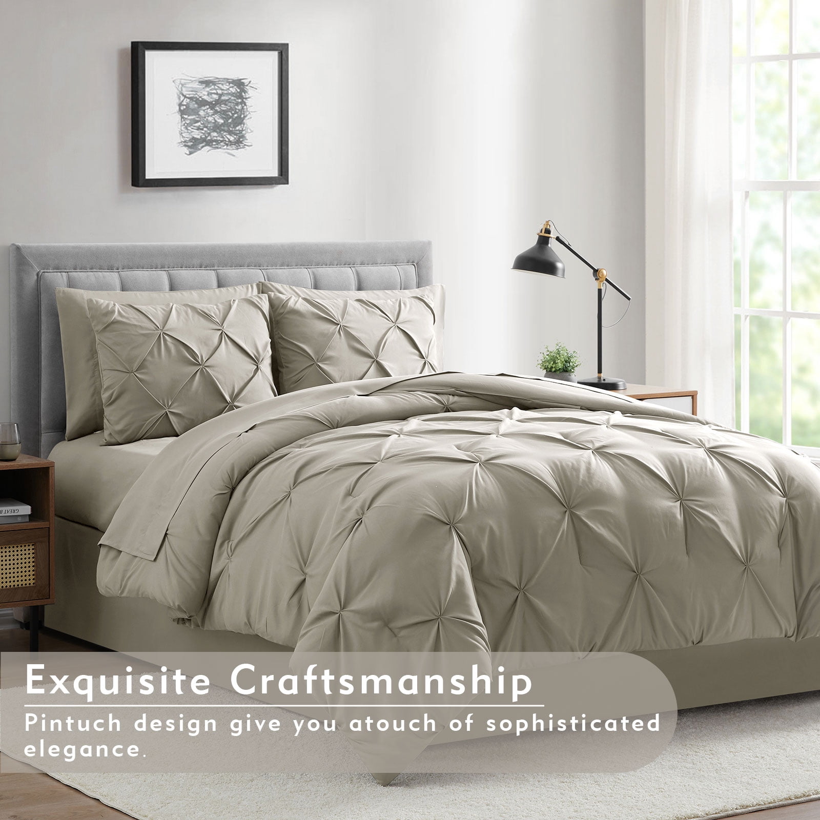 Bourina 3-Piece Twin Size Comforter Set, Pleated Wrinkle-Resistant Microfiber Bedding, Beige,All-Season