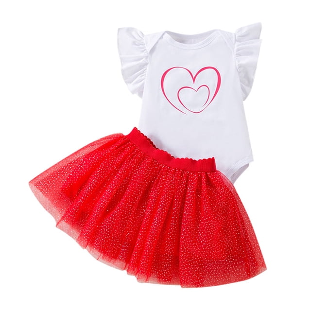 adviicd Ensemble 2 Pcs pour Filles Tout-Petits Haut à Manches Courtes à Volants et Jupe Boutonnée Rouge, 24m