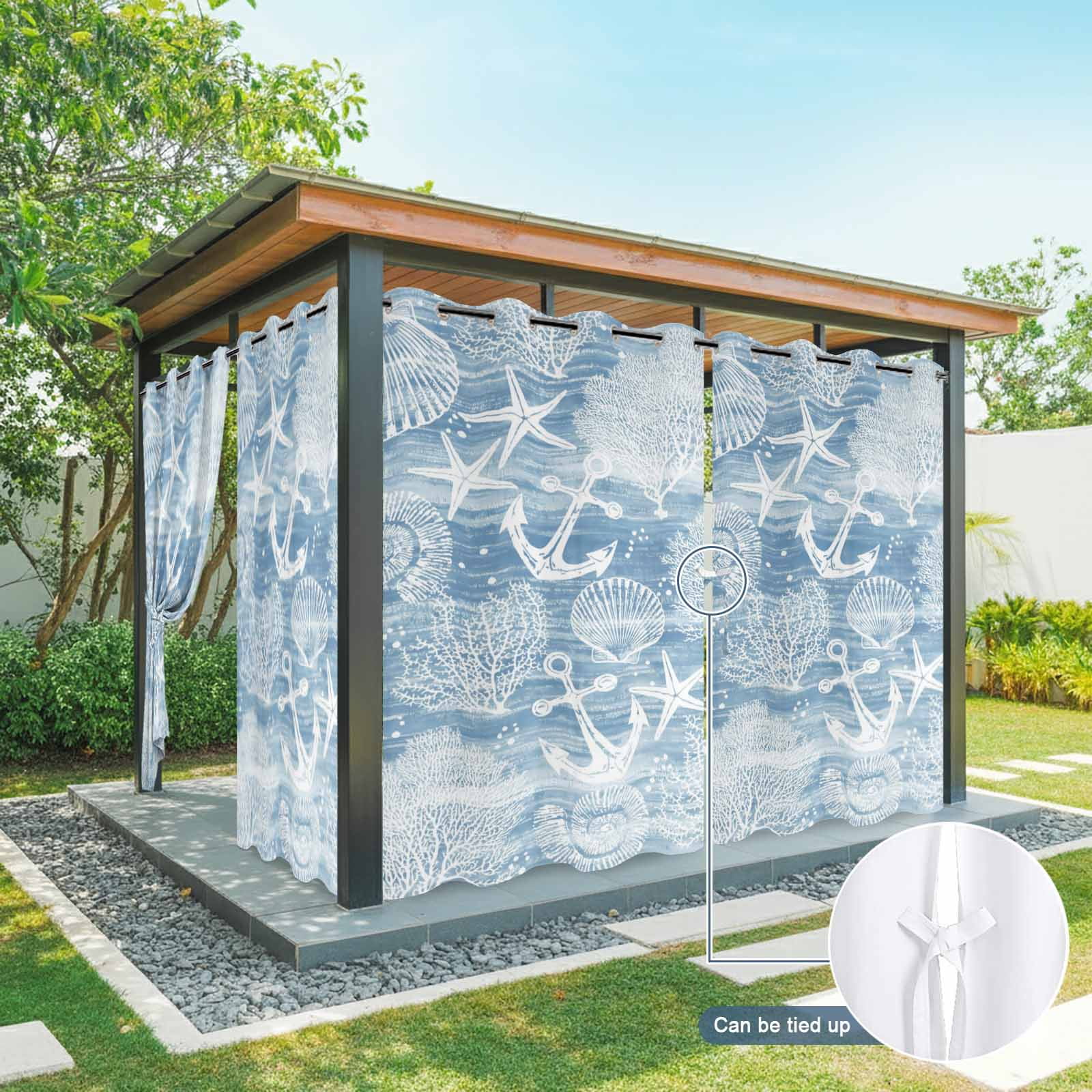 Summer Blue Ocean Outdoor Curtains for Patio, Vintage Nautical Sea Anchor Coral Shell Starfish Sunshade Privacy Drapes Grommet Waterproof Outside Curtains for Porch/Cabana/Balcony 54"x 108", 1 Panel
