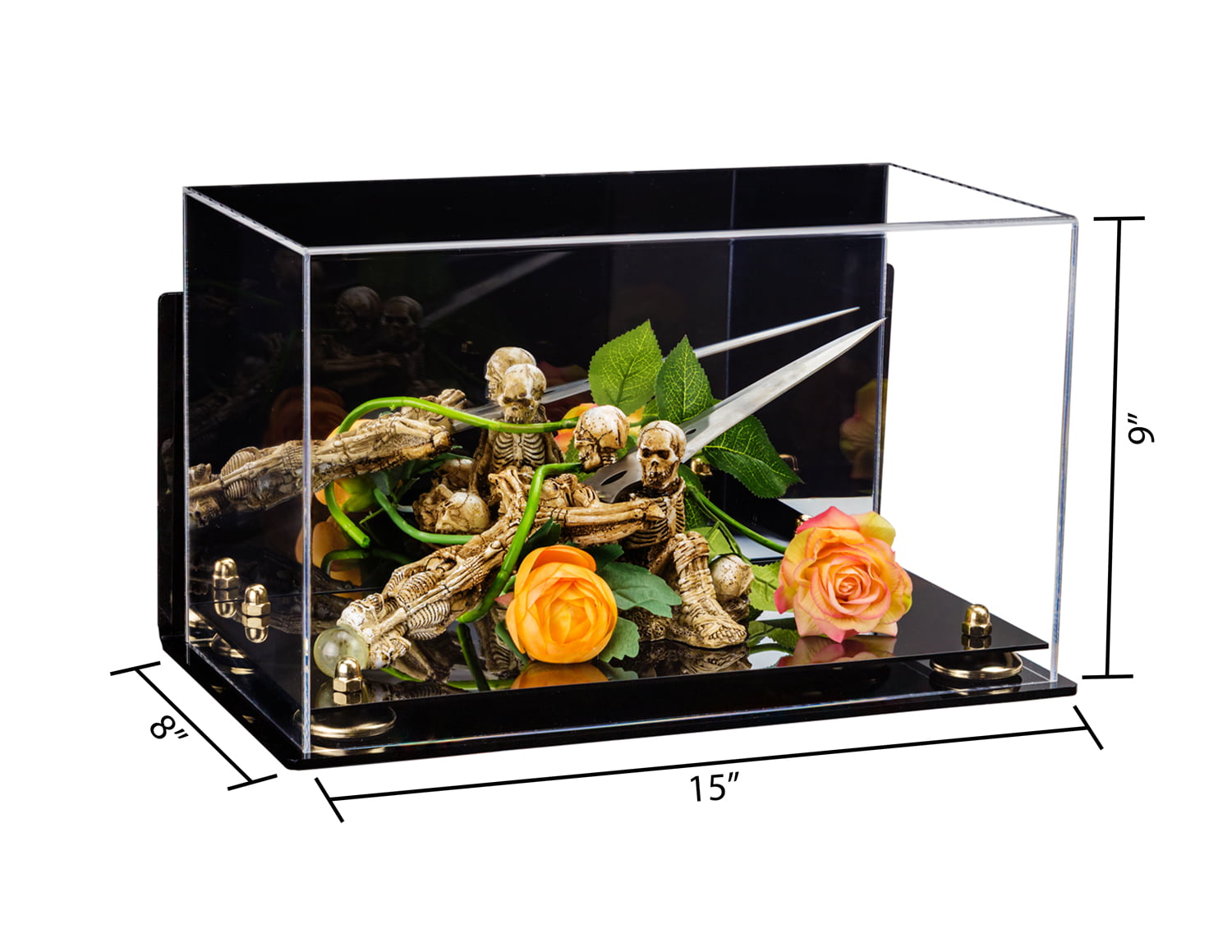 A013-GR Versatile Clear Acrylic Display Case with Gold Risers 15" x 8" x 9" 