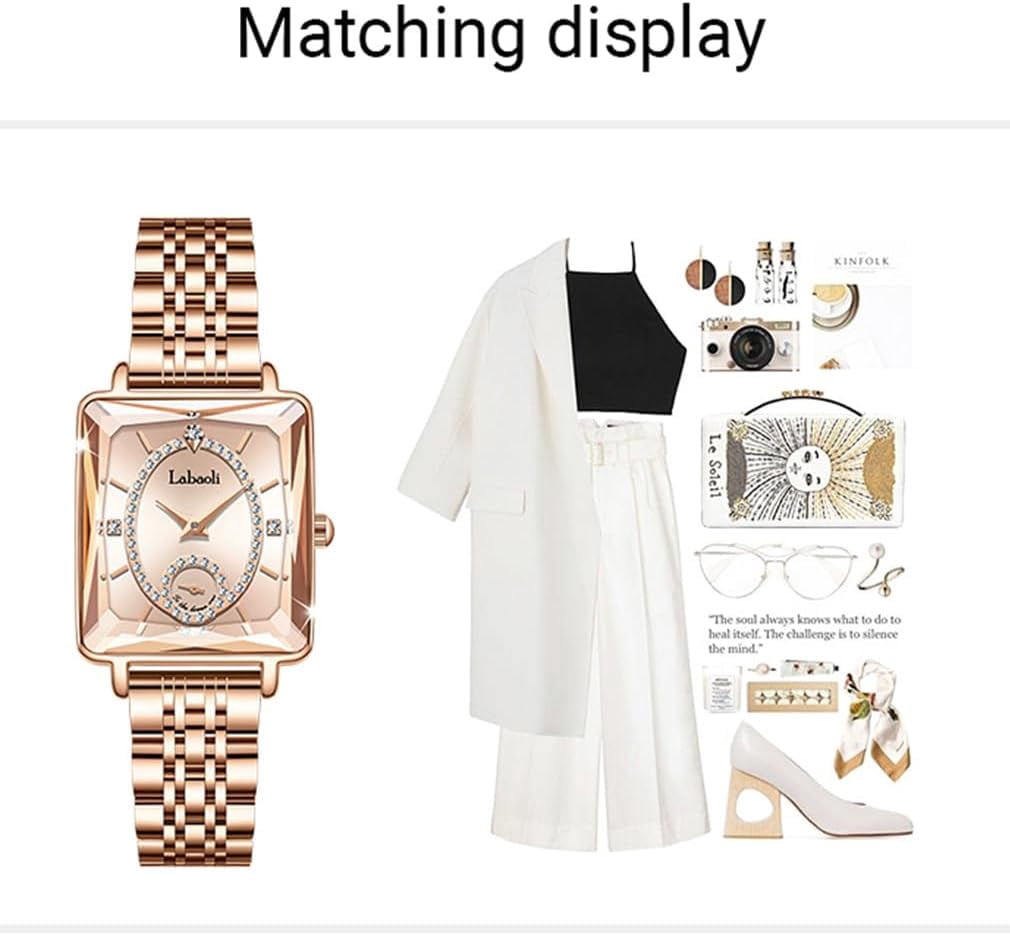 Watches for Women Rose Gold Square Stainless Luxury Fashion Diamond Analog Quartz Waterproof Dress Casual Small Simple Ladies Female Wife Gifts Gold Wrist Watch