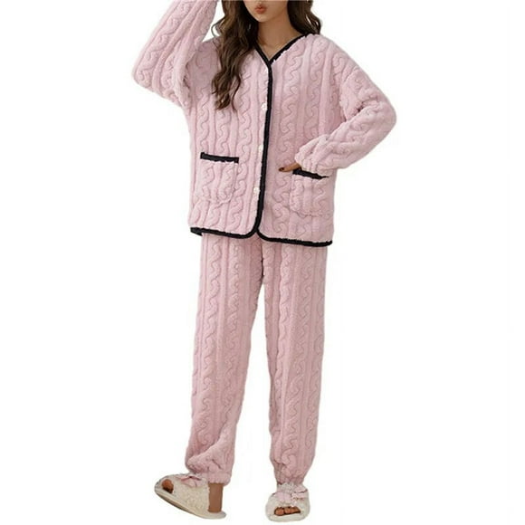Ensemble de Pyjama Épais et Chaud pour Femmes, Manches Longues en Peluche, Pantalon, 2 Pcs, en Velours, Vêtements de Détente Thermiques pour la Maison