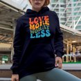 thumbnail image 2 of Love More Worry Less, Quote on Loving, Groovy Retro Wavy Text Merch Gift, Navy Blue Hooded Sweatshirt or Hoodie, Small, 2 of 5