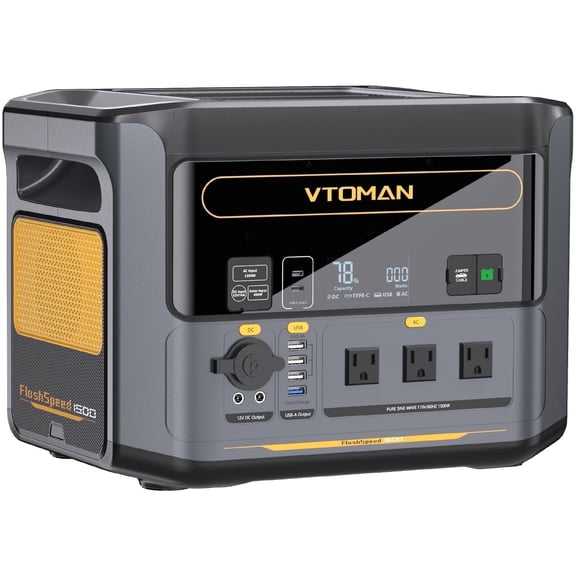 VTOMAN FlashSpeed 1500 Portable Power Station, 1548Wh 1Hour Fast Charge LFP Battery Solar Generator 1500W (3000W Peak) for Vehicle Jump Start Outdoor Camping off-grid Power Outage