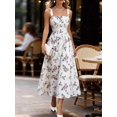 thumbnail image 3 of White Floral Print Waist-Gathering Pleated A-Line Maxi Dress For Women, 3 of 8