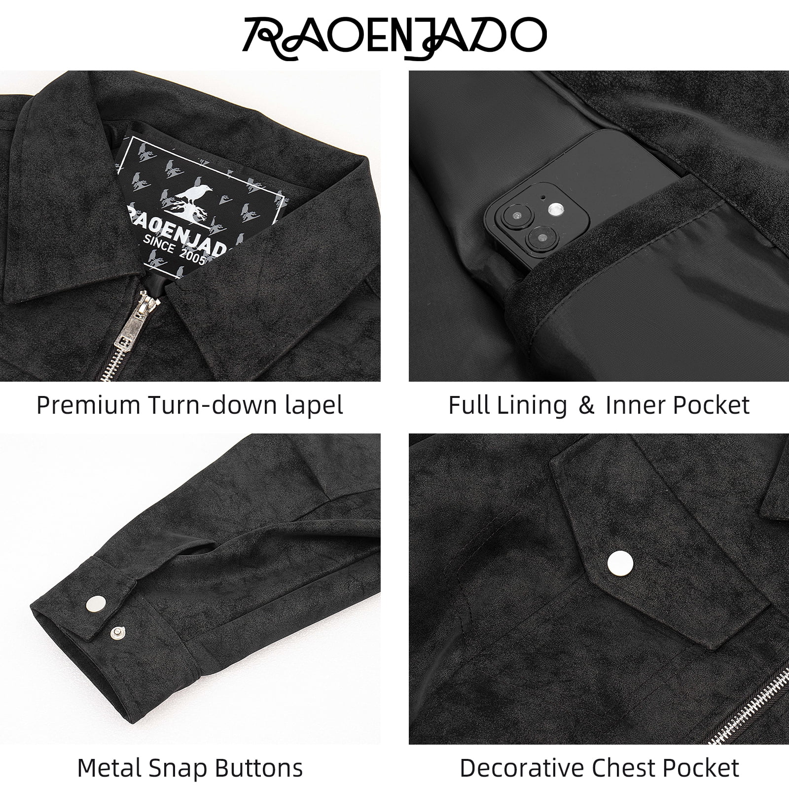 RAOENJADO Mens Racer Jacket PU Faux Leather Bomber Varsity Coat Casual Vintage Biker Streetwear Black XL