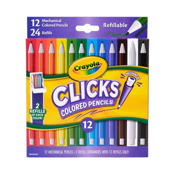 Crayola Clicks 2.0mm Mechanical Colored Pencil Set, 12ct with Replacement Cores, Back to School Supplies, Coloring Pencils, Gift for Teachers and Kids, Ages 6