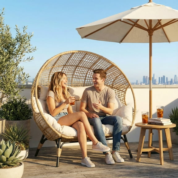 RADIATA Double Egg Chair Indoor Outdoor Stationary Oversized Thicken Padded Cushions,2 Person Egg Loveseat Chair,680 lbs Extra Large Lounge Chair for Patio Balcony Porch Backyard Beige