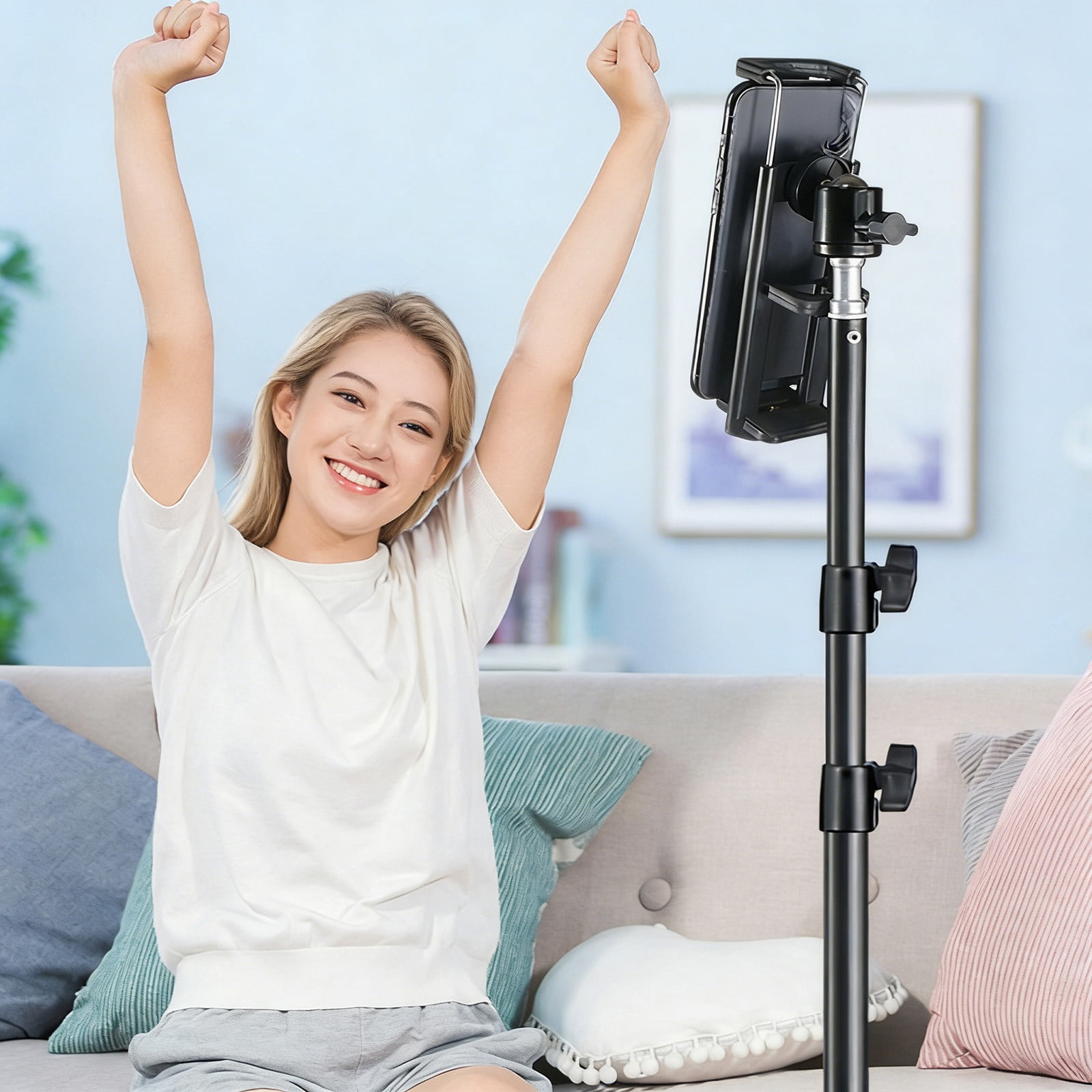 YOHAVEN Tablet Tripod Stand For Phone And Tablet, Aluminum Alloy, Up To 62.99 In, 360° Rotation, 180° Tilt, Secure Silicone Clamp, Foldable Portable, Stable Triangle Base For Desktop Or Floor Use