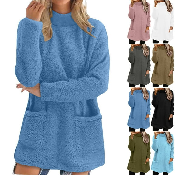 Mgmyaa Women's Winter Warm Lined Fleece High Neck Sweatshirt Pocket Long Sleeve Tunic Tops