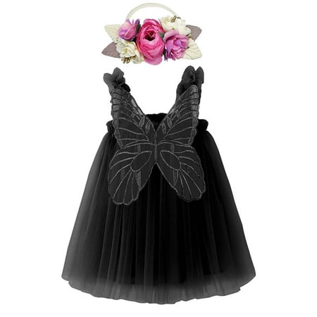 

WIBACKER Toddler Kids Baby Girls Layered Butterfly Tulle Tutu Dress Princess Dress+Flower Headband
