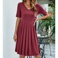 thumbnail image 4 of Bigersell Womens Casual Dresses Women's Dress V-Neck Short Sleeve Pocket Solid Pleated Everyday Dress Party Dresses for Female Elegant Regular Sun Dress Dresses, Style 3734, Wine L, 4 of 8
