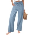 thumbnail image 2 of Dwellite Wide Leg Pants for Women Summer Cotton Linen Palazzo Drawstring Elastic Waist Beach Trousers with Pockets Sky Blue M, 2 of 7