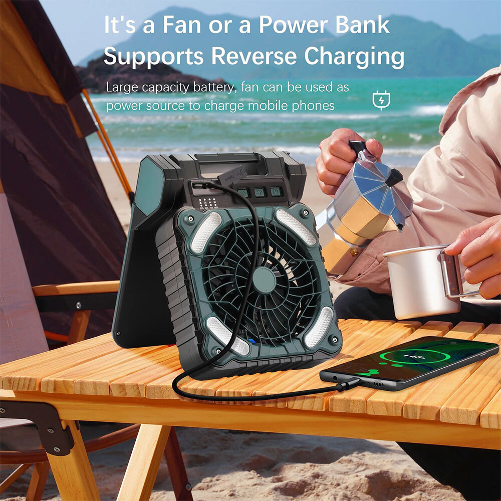 Solar Camping fan, 10000mAh Camping Fan with Solar Panel, LED Light, 4 Speeds 3 Timers Pivot 90 , USB Rechargeable Solar Powered Fan for Camping, Fishing, Travel