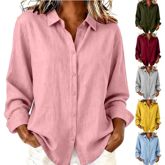 Lume Wear Women's Long-Sleeve Button Shirt Collar Dressy Casual Shirts Cute Loose Fit Work Blouse Cotton Linen Tunics Tops S&RD2