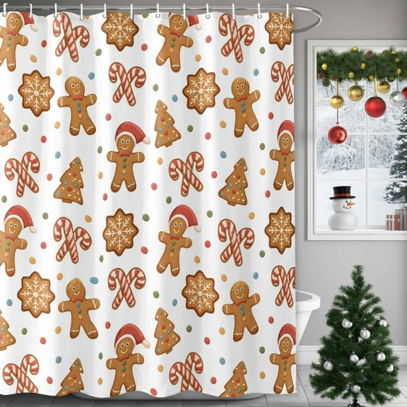 Cute Gingerbread Man Shower Curtains for Bathroom, Christmas Tree Cane Candy Food Winter Waterproof Fabric Shower Curtain for Bathroom Bathtub Decoration, Machine Washable, 54x"78"