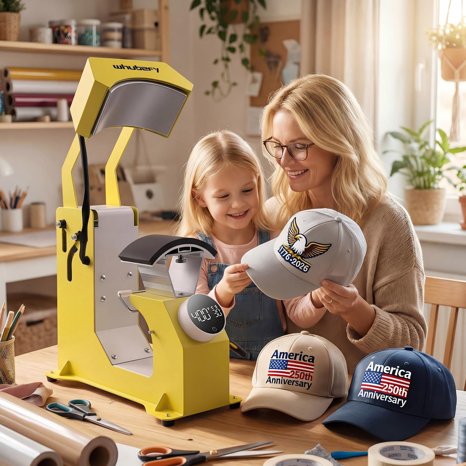 Adnoom 3-in-1 Hat Heat Press, Auto Cap Heat Press Machine with 3 Platens, Yellow