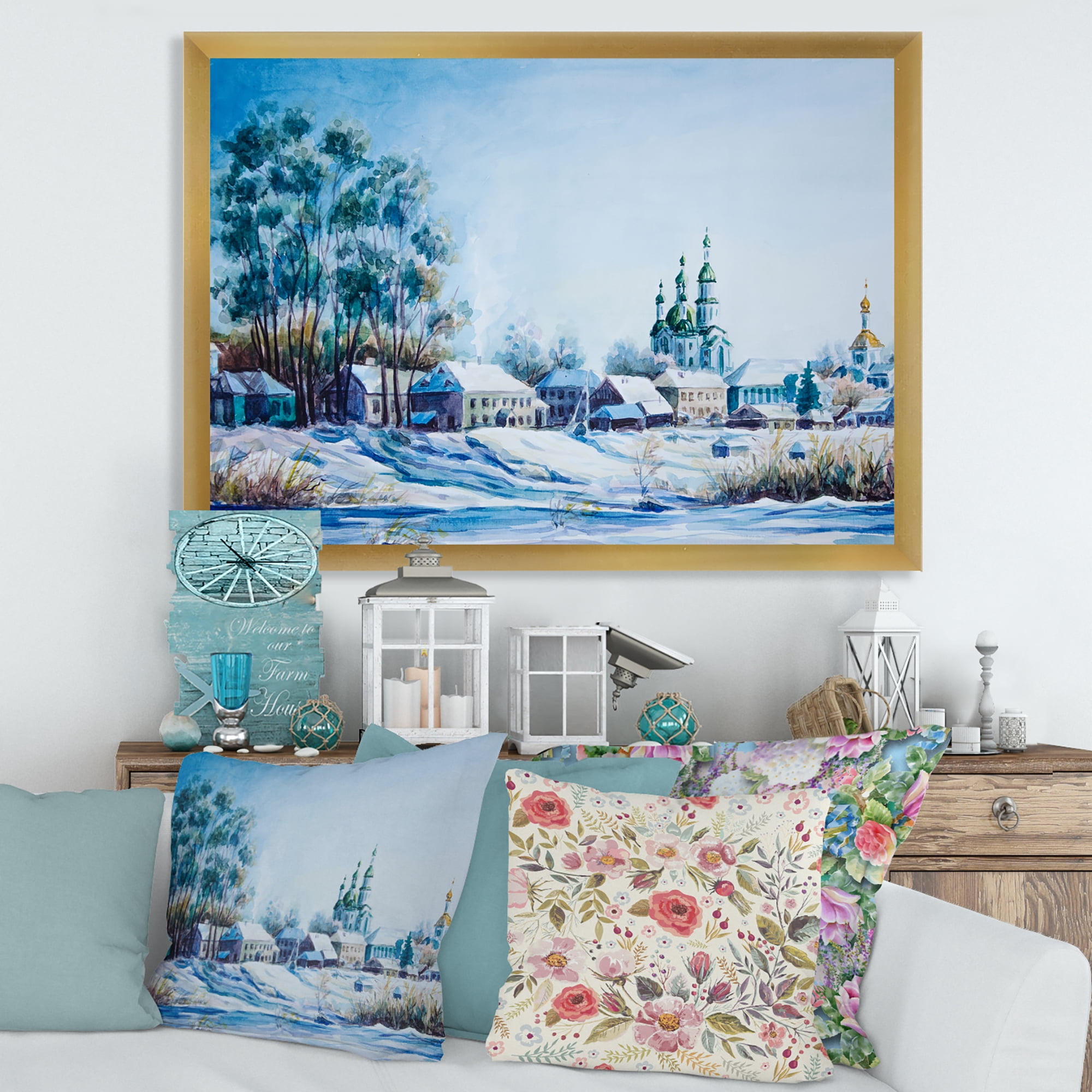 Designart 'Small Town Covered In Snow In Winter Times' Traditional Framed Art Print