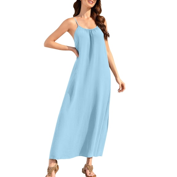 Husipze Womens Casual Spaghetti Strap Maxi Dress Backless Drawstring Loose Flowy Summer Beach Holiday Sundress Light Blue XXL