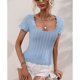 thumbnail image 5 of Top de punto con cuello en U para mujer Camisa de punto de manga corta ajustada de color puro informal para el hogar diario al aire libre Azul claro M, 5 of 8