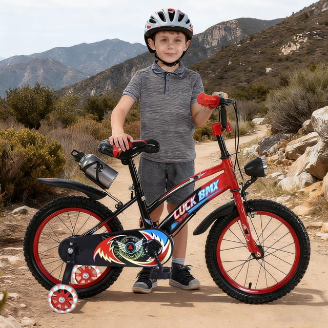 Bicicleta para Niños R16, con Adjustable Seat Handbrake, Ruedas de Entrenamiento con Luces, Canasta, Termo, Triciclo de Niños, Bicicleta con 4 Ruedas de 4 a 8 Años (Rojo)