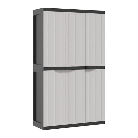 Kion Outdoor Storage Cabinet w 3 Doors, Shelves, 38 Inch Gray, Black