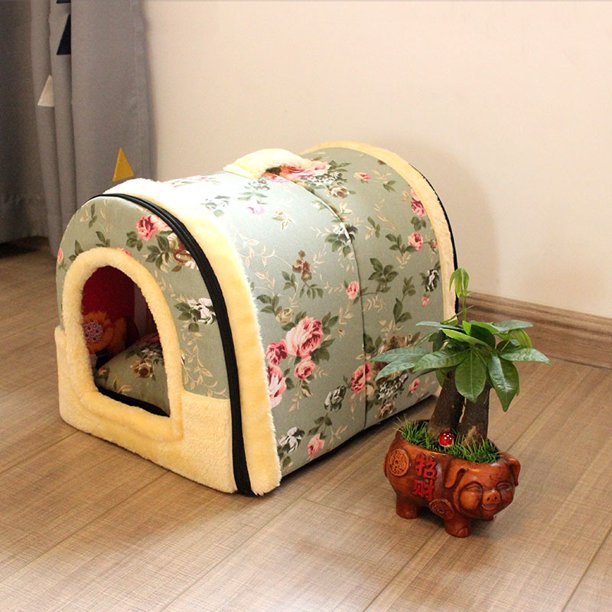 Caseta y Casa para Mascotas 2 en 1, Lavable a máquina, Antideslizante, Plegable, Suave, cálida, Cama para Perrera para Perros, Gatos, Cachorros, Conejos con cojín extraíble, Verde M