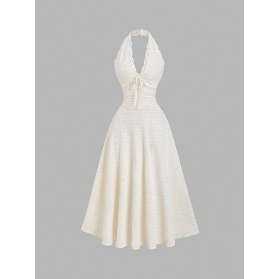 Apricot Halter Neck Lace Trim Textured A-Line Elegant Midi Dress