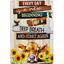 Rustic Sunflower Cow Vintage Tin Bar Sign Funny Inspirational Quote Signs Everyday is A New Beginning Farmhouse Home Decor for Living Room, Bedroom 8X12Inch