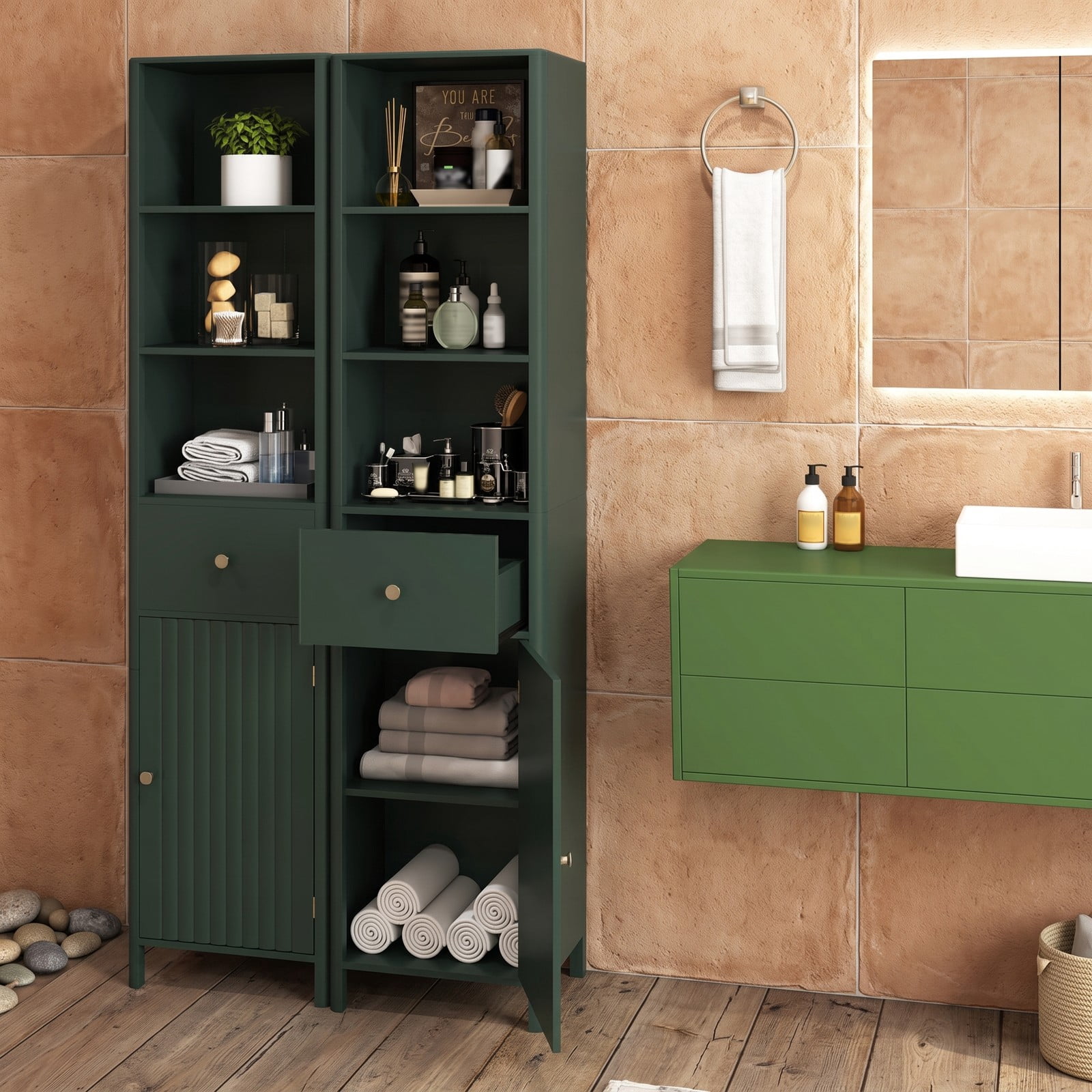 ALPULON 67 Inch Tall Narrow Bathroom Floor Cabinet Freestanding Storage Cabinet with Fluted Door, 3 Open Shelves, Adjustable Shelf and Pull-Out Drawer, Beige and Green