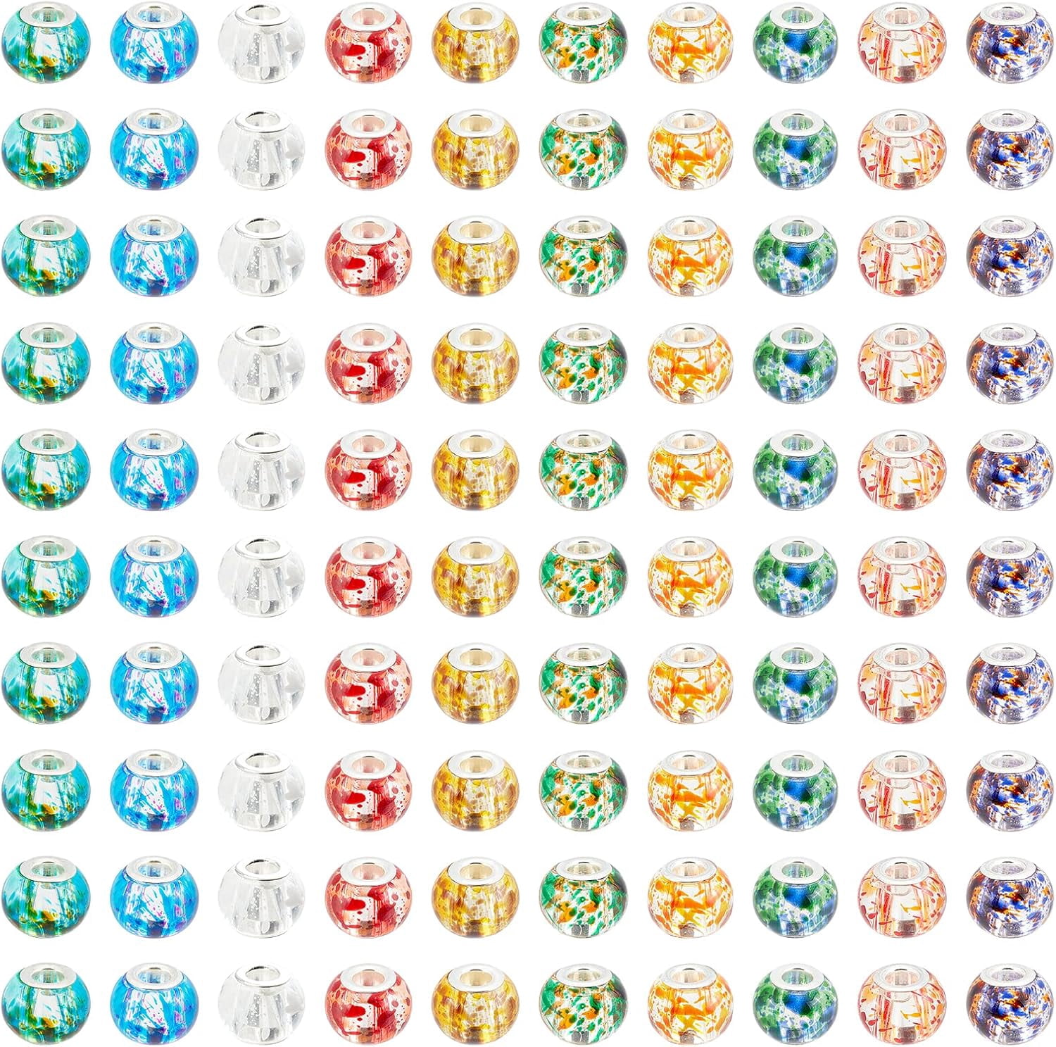 1box Spray Painted Glass European Beads with Silver Brass Cores Large Hole Beads Rondelle Mixed color 15x12mm Hole: 5mm about 100pcs/box