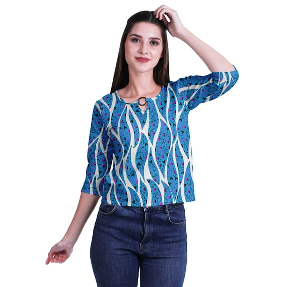 Moomaya Printed Keyhole Neck Ring Top Casual 3/4th Sleeve Tees Tank Tunic Top