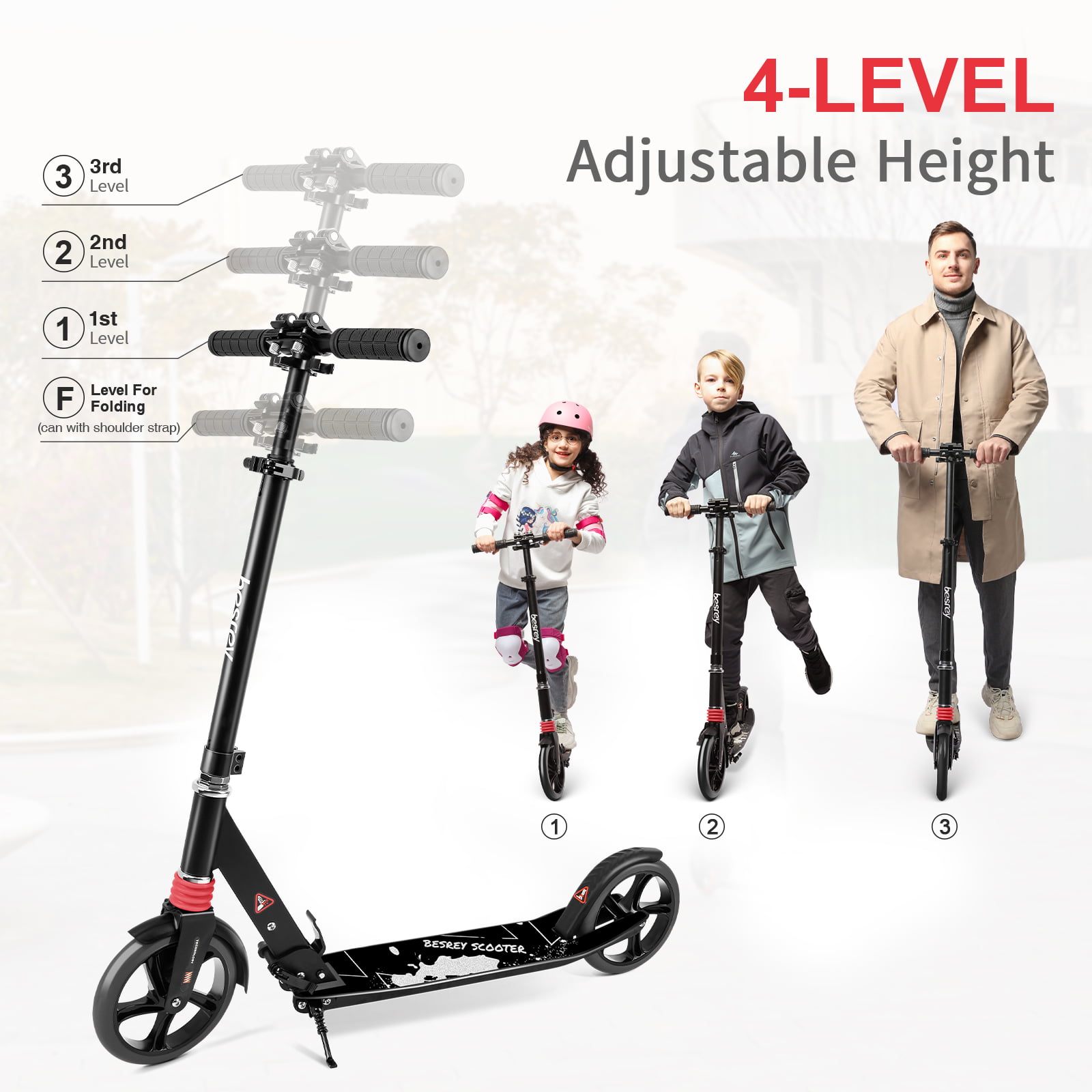 besrey Scooter for Adult/Kids/Teens 8 Years and up Foldable Kick Scooter 2 Wheel Scooter with 200mm Big Wheels 
