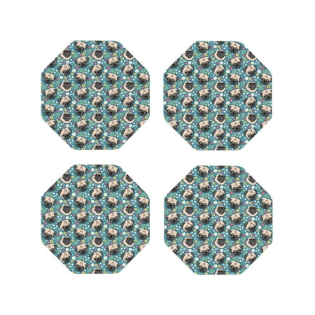 

Junzan PUG HEAD And Flower Print Coasters for Drinks - Leather Coasters Set of 4 for Coffee Table for Housewarming/Kitchen/Bar/Decor-Octagon