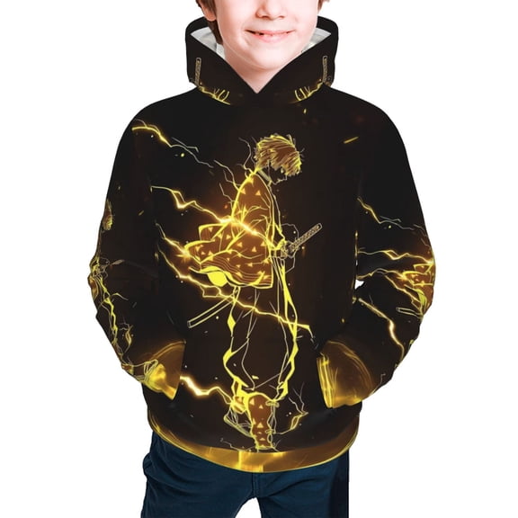 Teens Fashion Long Sleeves Sweatshirt Demon Agatsuma Zenitsu Pullover Slayer Hoodie Active Sweater for Boys Girls Small